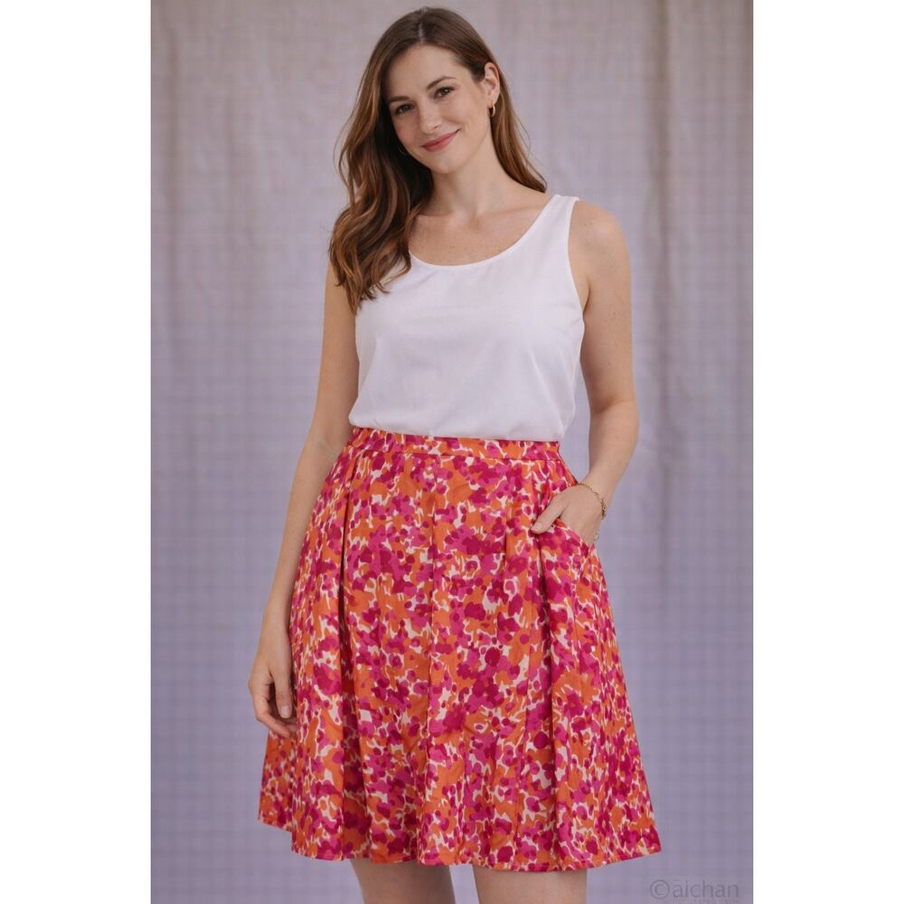 Doncaster Collection Floral A-Line Skirt Sz 12 Pink Orange Pleated Midi‎ Pockets